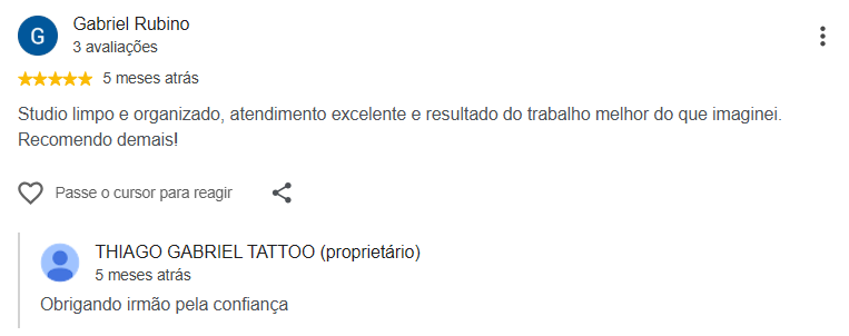 Avaliação de Gabriel Rubino elogiando organização, atendimento e resultado