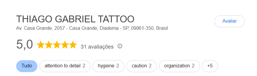 Perfil Thiago Gabriel Tattoo no Google com nota 5,0 e 31 avaliações