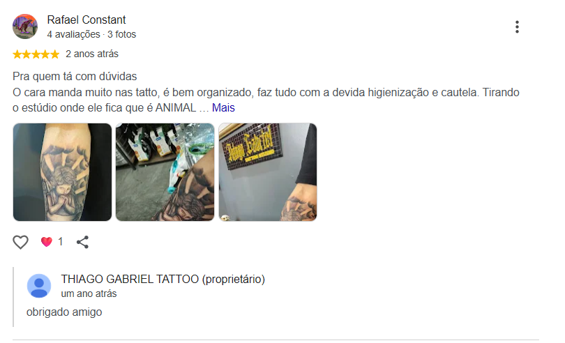 Avaliação de Rafael Constant elogiando tatuagens, organização, higienização e cuidado