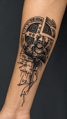 Tatuagem geométrica de corujas no antebraço