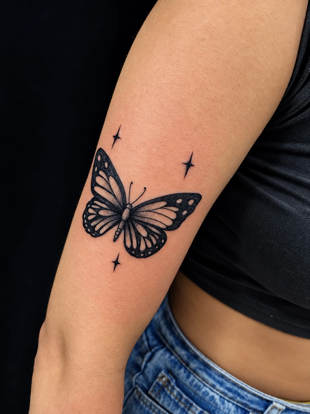 Tatuagem de borboleta em preto no braço