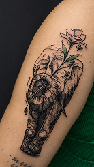 Tatuagem de elefante com detalhes florais